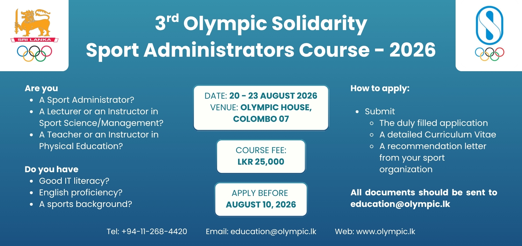 CALL FOR APPLICATIONS – 3rd Sport Administrators Course 2026